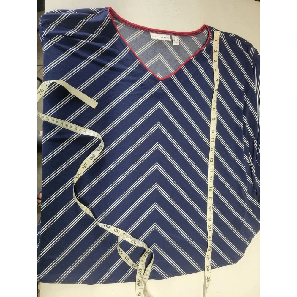 Susan Graver Women Liquid Knit‎ Red Stripe V Neck Kaftan Top Bat Wing Sleeve M/L